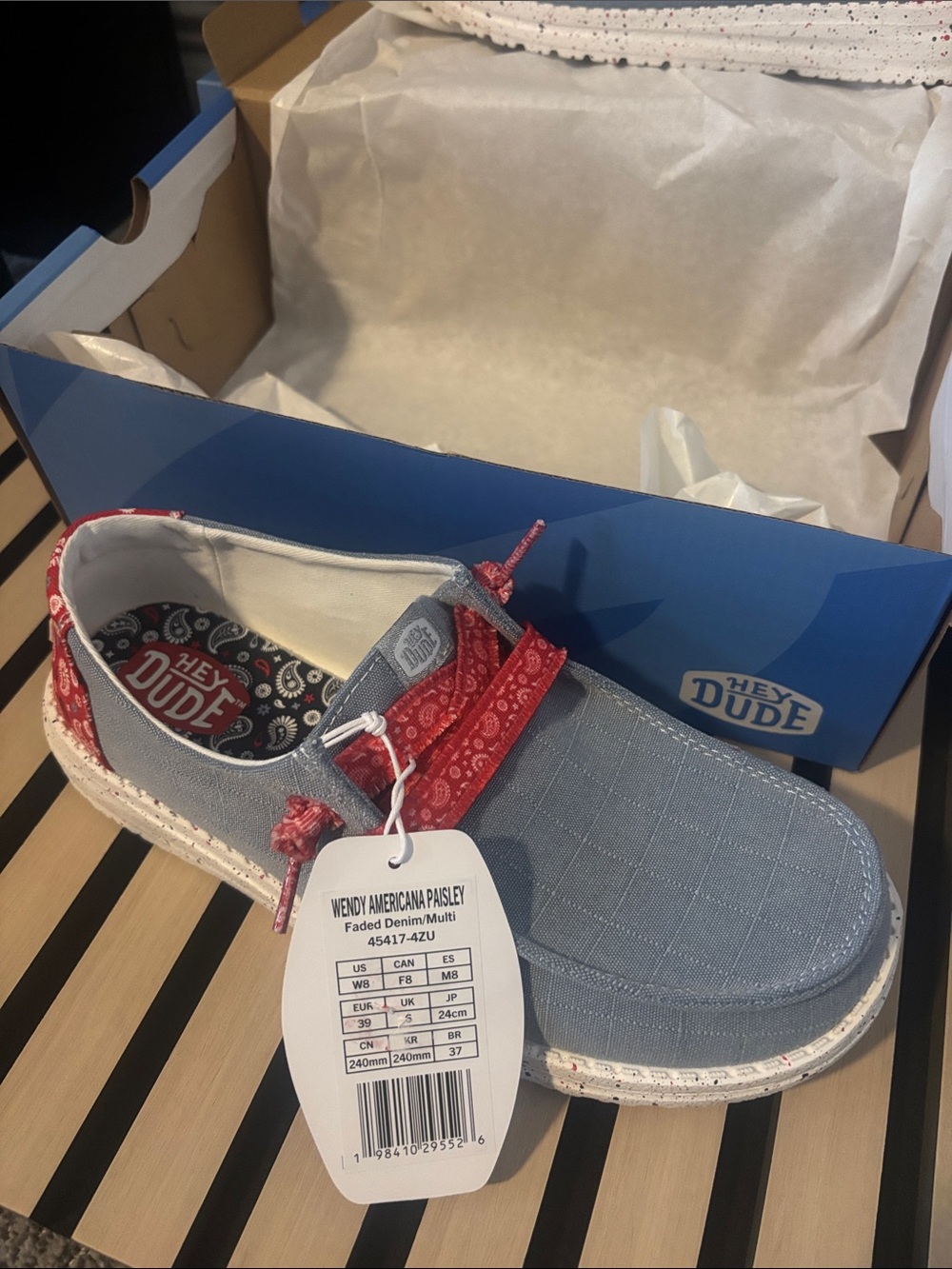 Hey Dude Light Blue Slip-On Sneakers with Red Bandana Accents - Picture 2 of 7